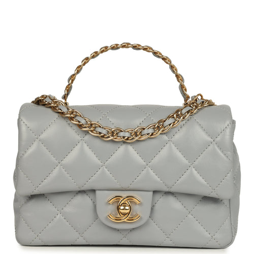 Pre-owned Chanel Mini CC Rectangular Flap Bag with Top Handle Light Grey Lambskin Gold Hardware