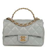Pre-owned Chanel Mini CC Rectangular Flap Bag with Top Handle Light Grey Lambskin Gold Hardware