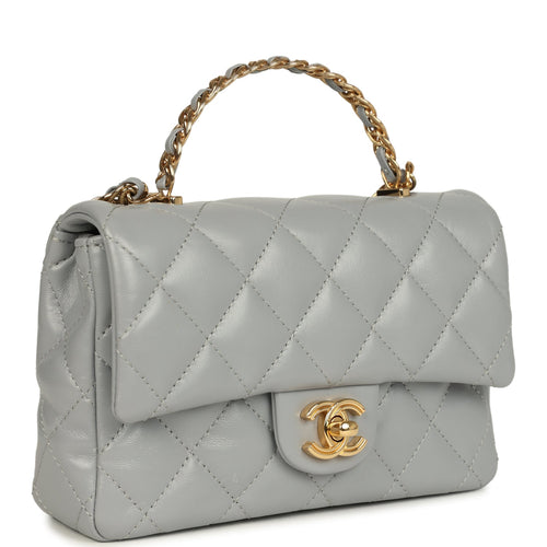 Pre-owned Chanel Mini CC Rectangular Flap Bag with Top Handle Light Grey Lambskin Gold Hardware