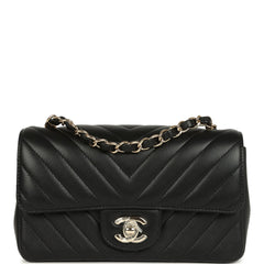 Chanel Mini Chevron Classic Rectangular Flap Bag Black Lambskin Light Gold Hardware