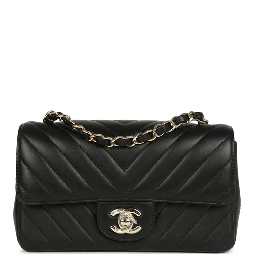 Chanel Mini Chevron Classic Rectangular Flap Bag Black Lambskin Light Gold Hardware