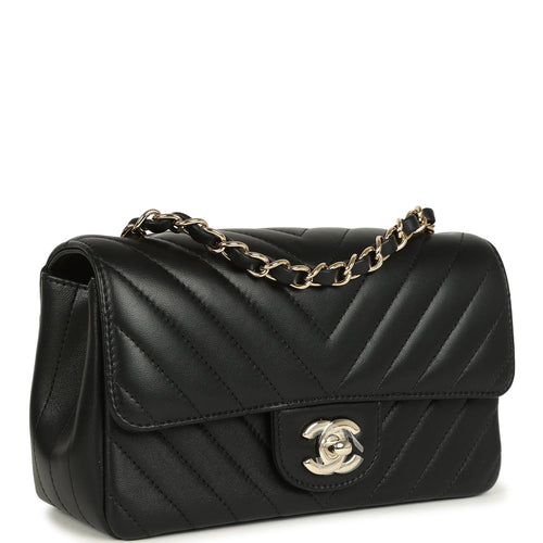 Chanel Mini Chevron Classic Rectangular Flap Bag Black Lambskin Light Gold Hardware