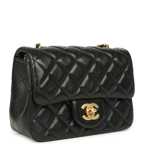 Chanel Mini Pearl Crush Square Flap Bag Black Shiny Lambskin Brushed Gold Hardware