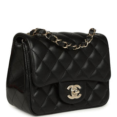 Chanel Mini Classic Square Flap Bag Black Lambskin Light Gold Hardware