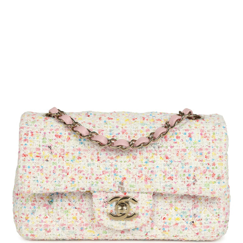 Chanel Mini Rectangular Flap Bag White and Multicolor Tweed Light Gold Hardware