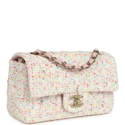 Chanel Mini Rectangular Flap Bag White and Multicolor Tweed Light Gold Hardware