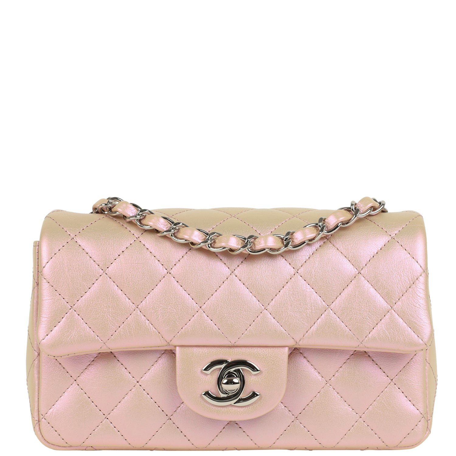 Chanel Mini Classic Rectangular Flap Bag Pink Iridescent Calfskin Silv