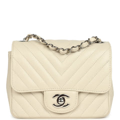 Pre-owned Chanel Mini Chevron Square Flap Bag Ivory Lambskin Silver Hardware