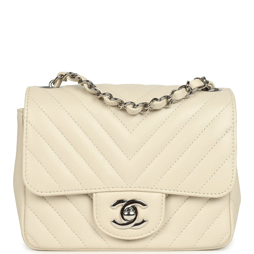 Pre-owned Chanel Mini Chevron Square Flap Bag Ivory Lambskin Silver Hardware