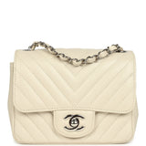 Pre-owned Chanel Mini Chevron Square Flap Bag Ivory Lambskin Silver Hardware