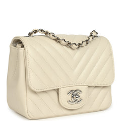Pre-owned Chanel Mini Chevron Square Flap Bag Ivory Lambskin Silver Hardware