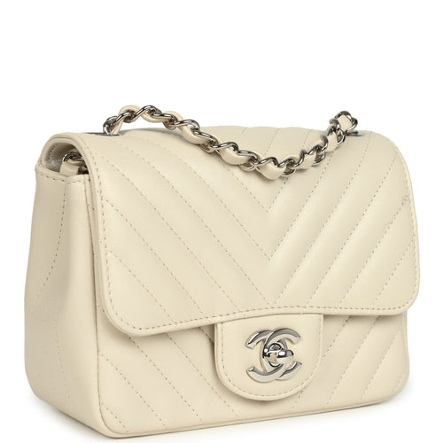 Pre-owned Chanel Mini Chevron Square Flap Bag Ivory Lambskin Silver Hardware