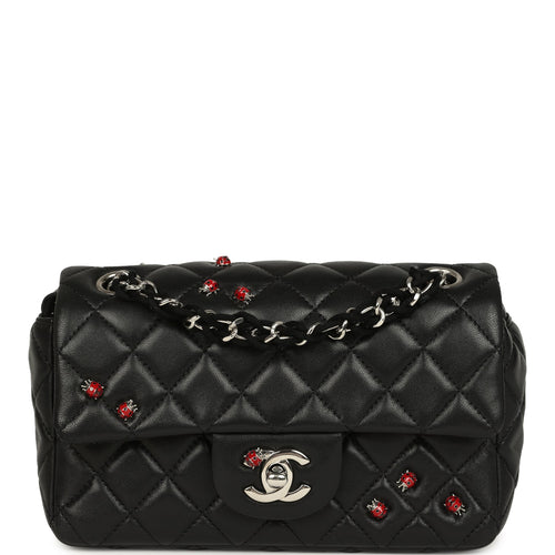Pre-owned Chanel Mini Rectangular Lady Bug Flap Bag Black Lambskin Silver Hardware