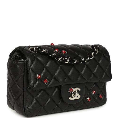 Pre-owned Chanel Mini Rectangular Lady Bug Flap Bag Black Lambskin Silver Hardware