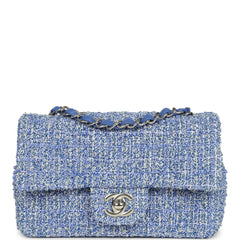 Chanel Mini Rectangular Flap Bag Blue and White Tweed Silver Hardware