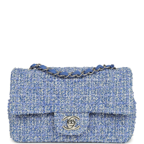 Chanel Mini Rectangular Flap Bag Blue and White Tweed Silver Hardware