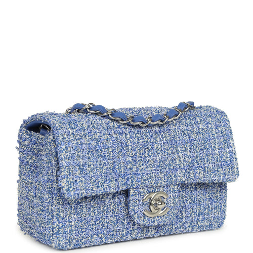 Chanel Mini Rectangular Flap Bag Blue and White Tweed Silver Hardware