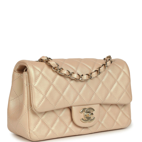 Pre-owned Chanel Mini Classic Rectangular Flap Bag Light Beige Iridescent Calfskin Light Gold Hardware
