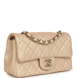 Pre-owned Chanel Mini Classic Rectangular Flap Bag Light Beige Iridescent Calfskin Light Gold Hardware
