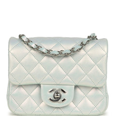 Chanel Mini Classic Square Flap Bag Blue Iridescent Calfskin Silver Hardware