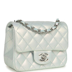 Chanel Mini Classic Square Flap Bag Blue Iridescent Calfskin Silver Hardware