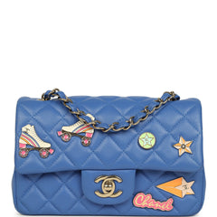 Preowned Chanel Mini Rectangular Hollywood Charms Flap Bag Blue Lambskin Light Gold Hardware