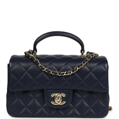 Chanel Mini Classic Rectangular Top Handle Flap Navy Lambskin Light Gold Hardware