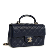 Chanel Mini Classic Rectangular Top Handle Flap Navy Lambskin Light Gold Hardware