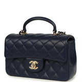 Chanel Mini Classic Rectangular Top Handle Flap Navy Lambskin Light Gold Hardware