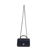 Chanel Mini Classic Rectangular Top Handle Flap Navy Lambskin Light Gold Hardware