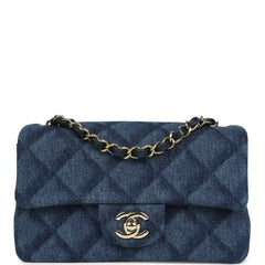 Chanel Mini Classic Rectangular Flap Bag Dark Blue Denim Light Gold Hardware