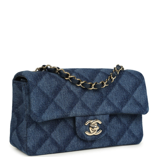 Chanel Mini Classic Rectangular Flap Bag Dark Blue Denim Light Gold Hardware