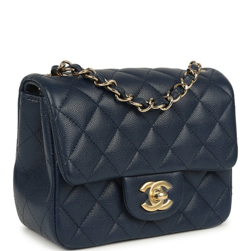 Pre-owned Chanel Mini Classic Square Flap Bag Navy Blue Caviar Gold Hardware
