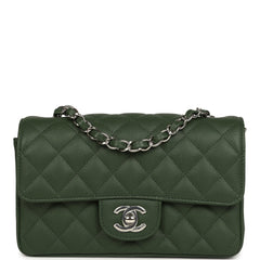Chanel Mini Classic Rectangular Flap Bag Dark Green Caviar Silver Hardware