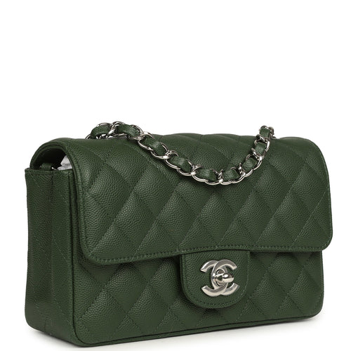 Chanel Mini Classic Rectangular Flap Bag Dark Green Caviar Silver Hardware
