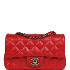 Pre-owned Chanel Mini Classic Rectangular Flap Bag Red Caviar Aged Ruthenium Hardware