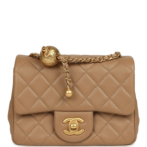 Chanel Mini Pearl Crush Square Flap Bag Beige Lambskin Brushed Gold Hardware