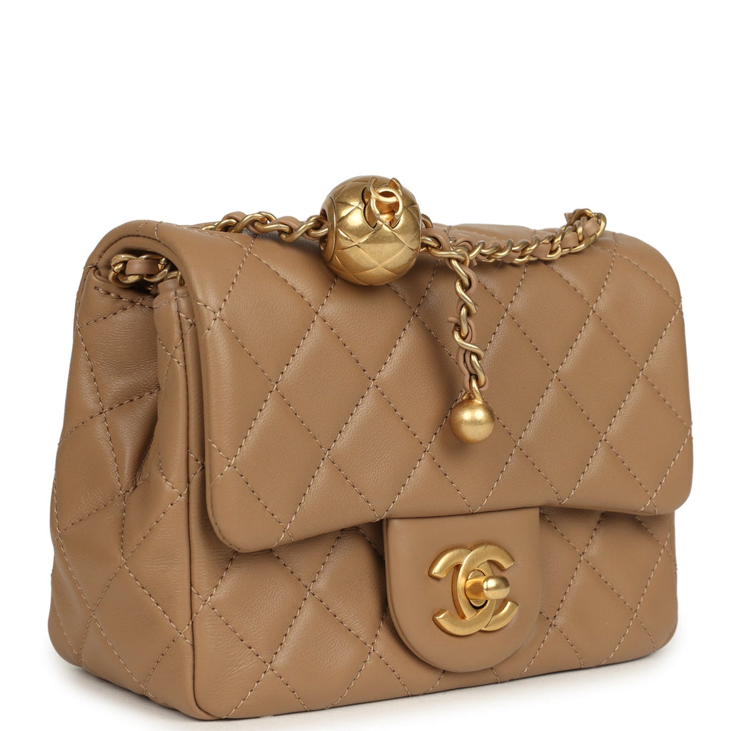 Chanel Mini Pearl Crush Square Flap Bag Beige Lambskin Brushed Gold Ha