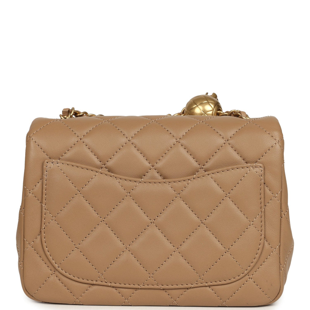 Chanel Mini Pearl Crush Square Flap Bag Beige Lambskin Brushed Gold Ha