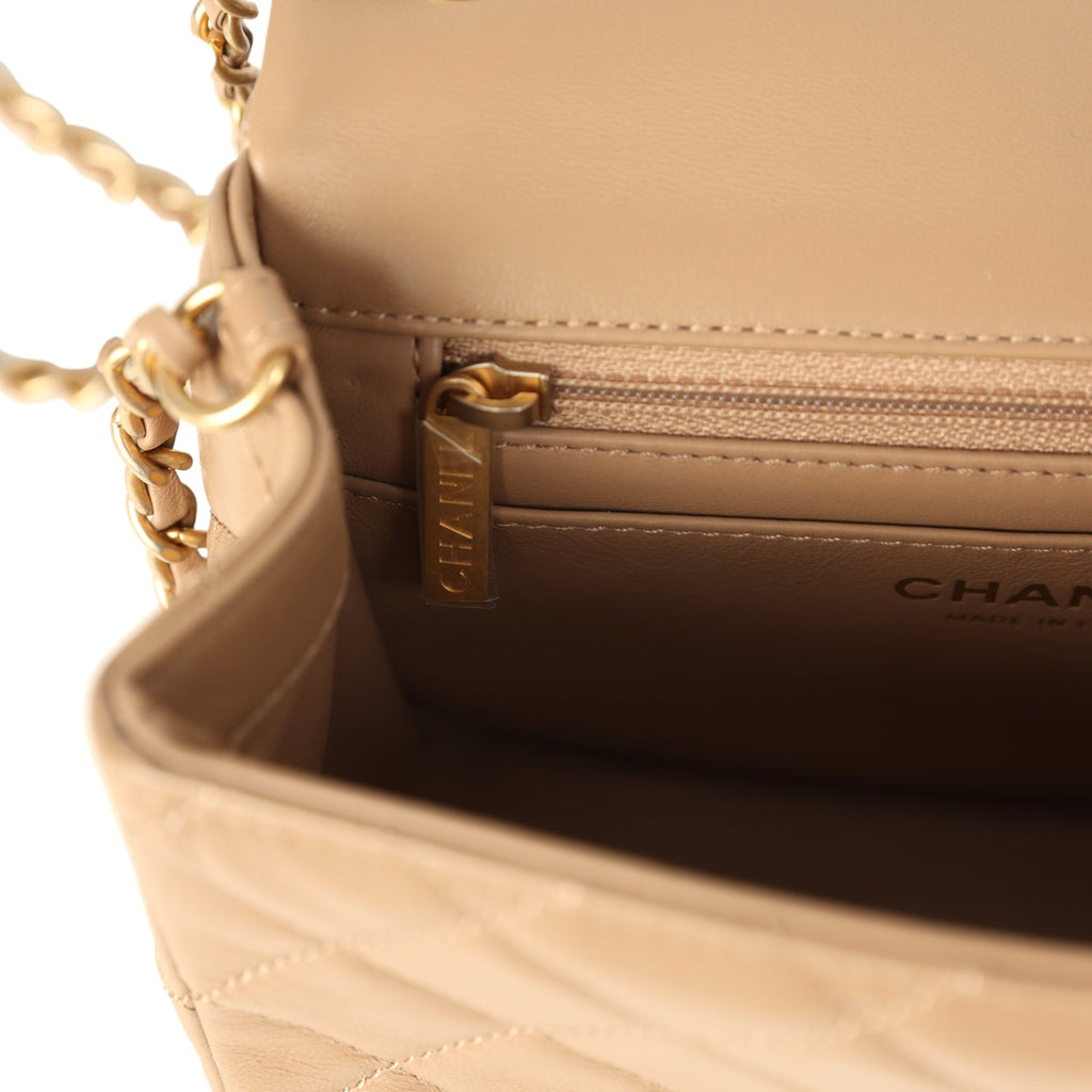 Chanel Mini Pearl Crush Square Flap Bag Beige Lambskin Brushed Gold Ha