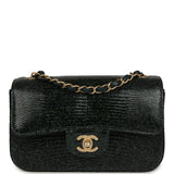 Pre-owned Chanel Mini Rectangular Flap Bag Green Shiny Lizard Brushed Gold Hardware - Thumbnail View 1