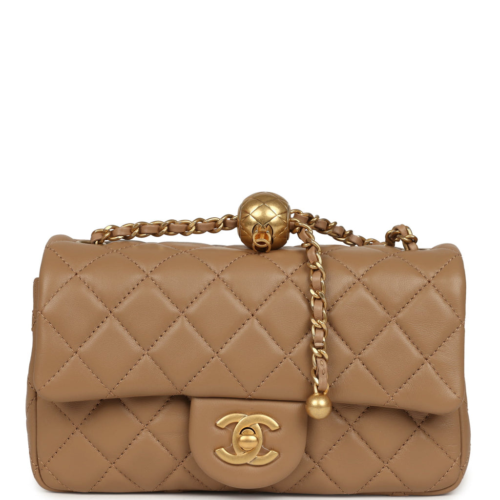 Chanel Mini Pearl Crush Rectangular Flap Bag Dark Beige Lambskin Brush
