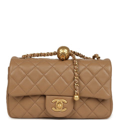 Chanel Mini Pearl Crush Rectangular Flap Bag Dark Beige Lambskin Brushed Gold Hardware