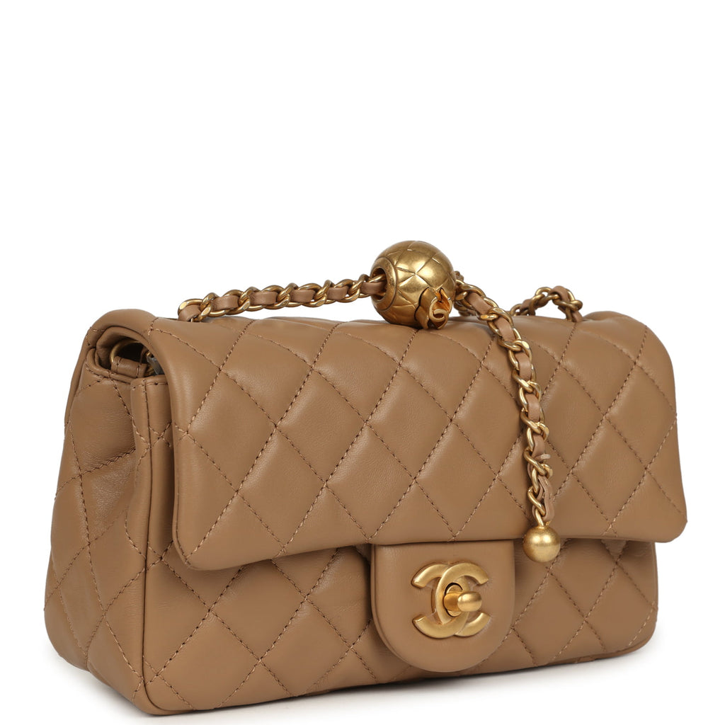Chanel Mini Pearl Crush Rectangular Flap Bag Dark Beige Lambskin Brush