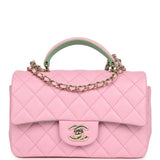 Chanel Mini Rectangular Flap Bag with Top Handle Pink and Green Lambskin Light Gold Hardware - Thumbnail View 1