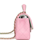 Chanel Mini Rectangular Flap Bag with Top Handle Pink and Green Lambskin Light Gold Hardware - Thumbnail View 3