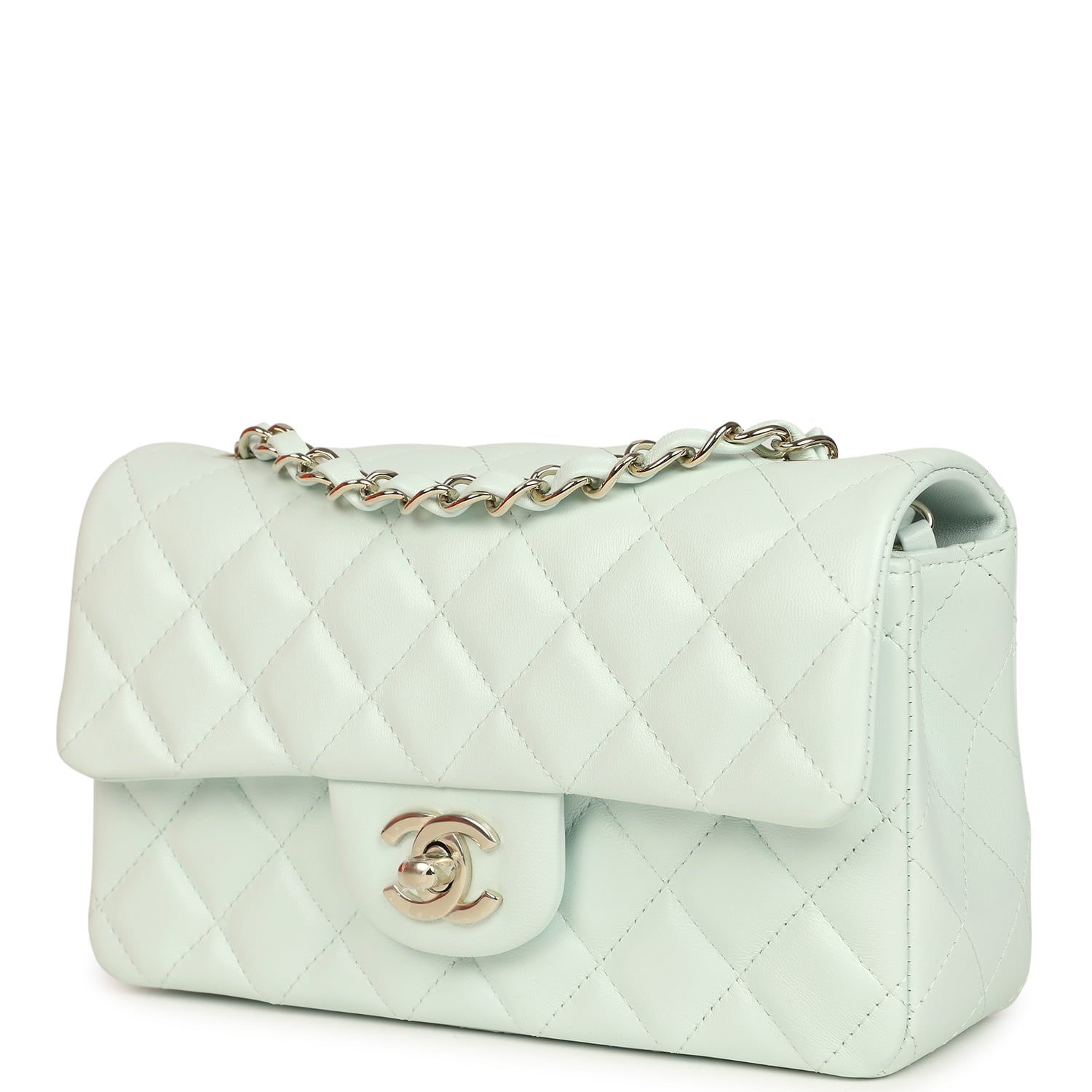 Chanel Mini Classic Rectangular Flap Bag Mint Lambskin Light Gold Hard