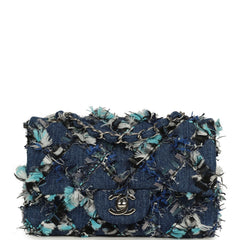 Chanel Mini Classic Rectangular Flap Bag Ribbon Tweed Blue Denim Silver Hardware