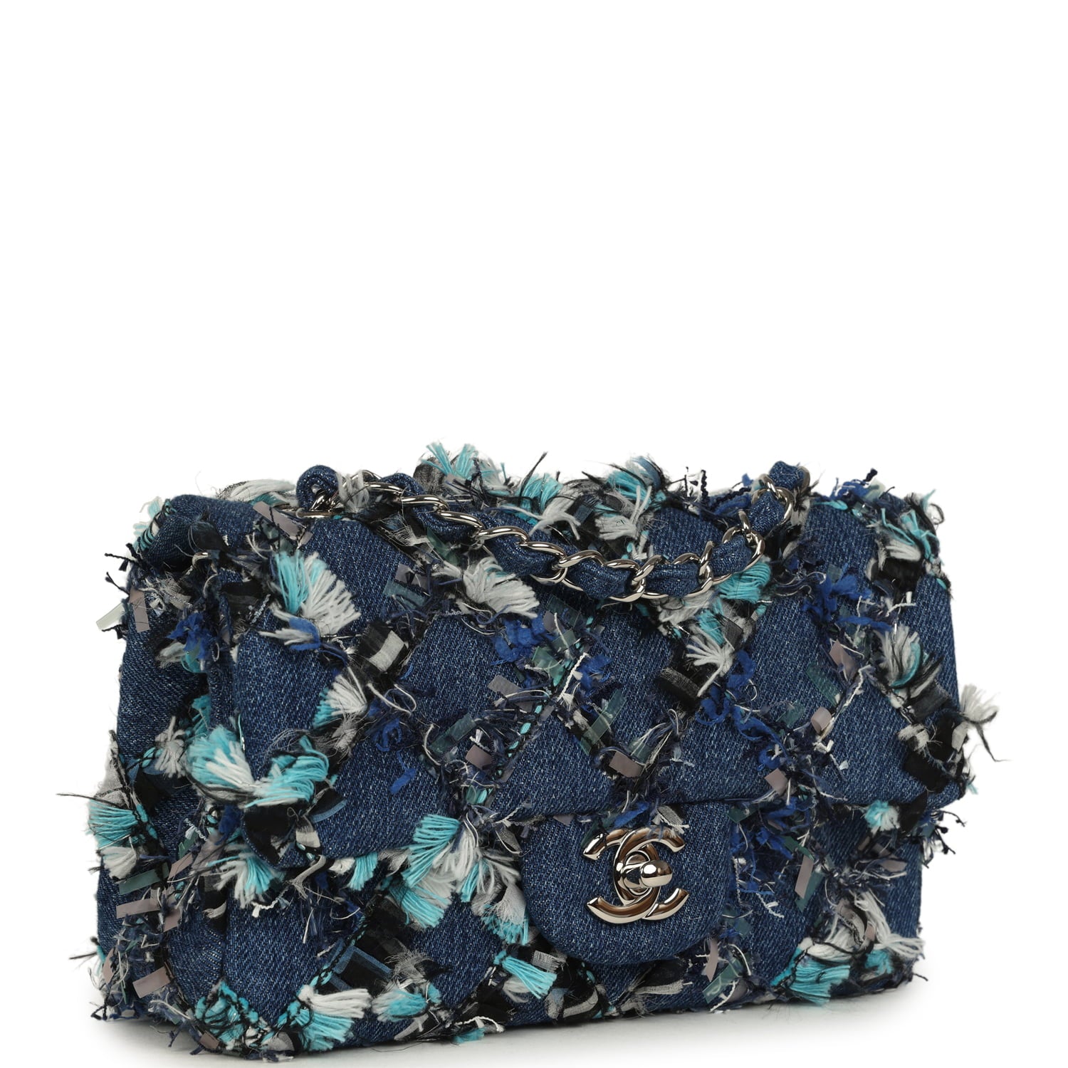 Chanel Mini Classic Rectangular Flap Bag Ribbon Tweed Blue Denim Silve