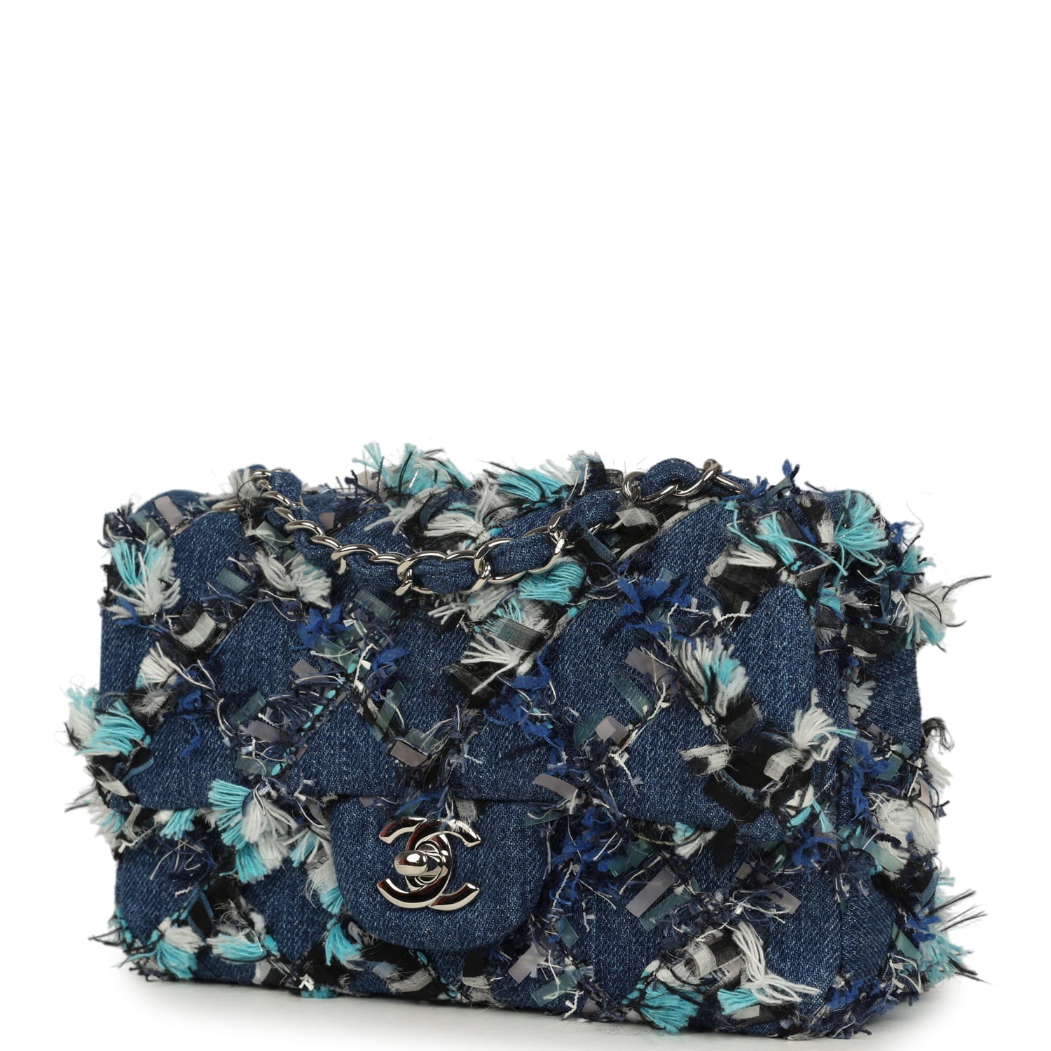 Chanel Mini Classic Rectangular Flap Bag Ribbon Tweed Blue Denim Silve